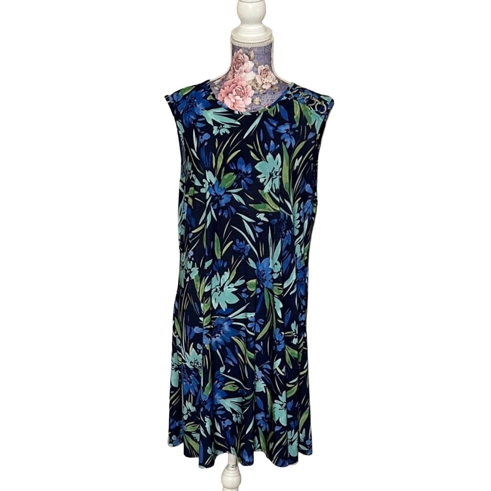 Cocomo Floral Sleeveless Shift Dress Navy Blue Teal XL Grommet Shoulder Detail